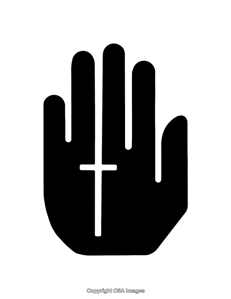 Silhouette Icon Depicting a Hand with a Cross in Black and White