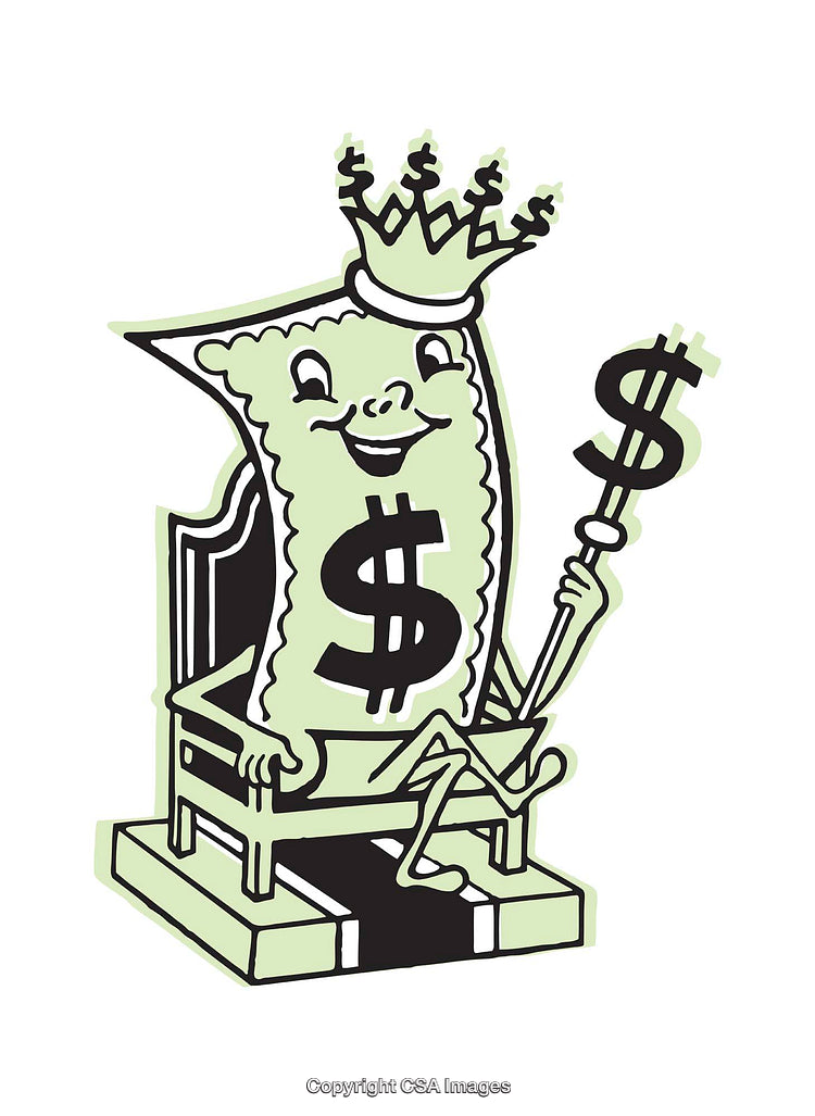 Whimsical Illustration of a Dollar Bill Sitting on a Throne with Crown and Scepter
