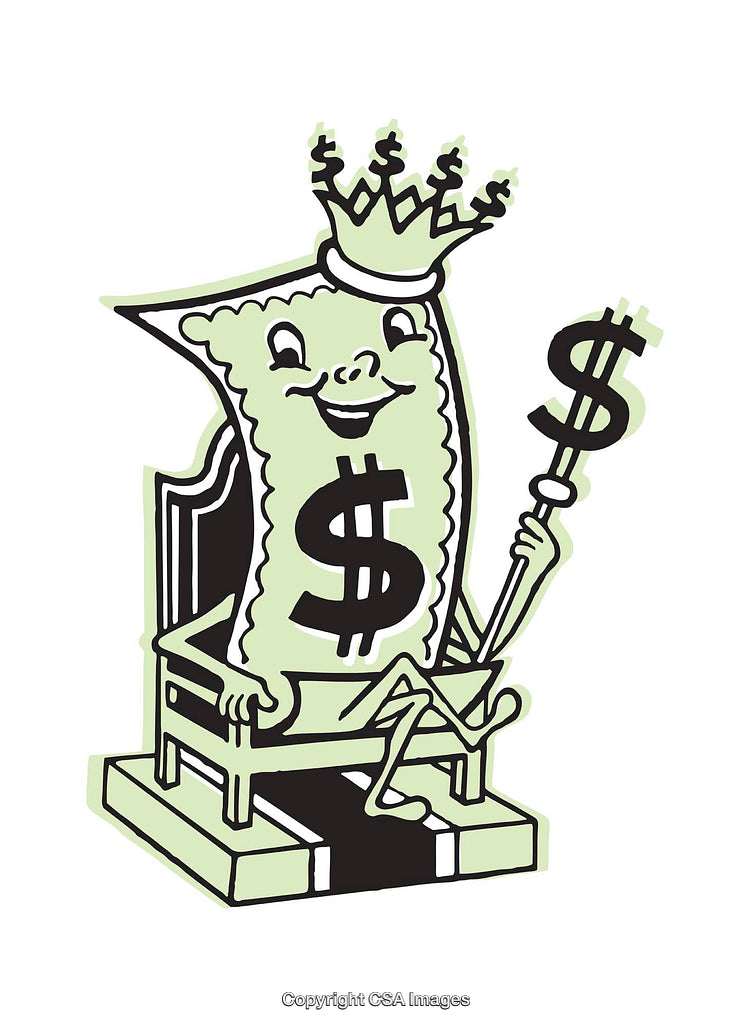 Whimsical Illustration of a Dollar Bill Sitting on a Throne with Crown and Scepter