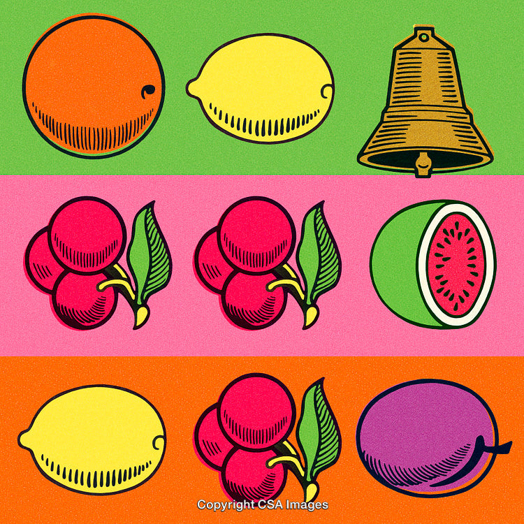 Vibrant Illustration of Fruits and Bell Arranged in a Grid Design