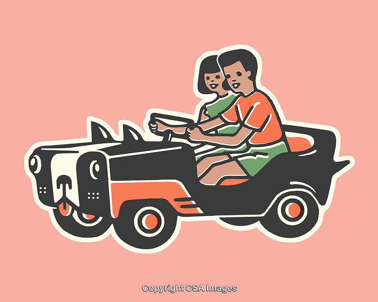 Illustration of Two Children Driving a Fun Car with Animal Features