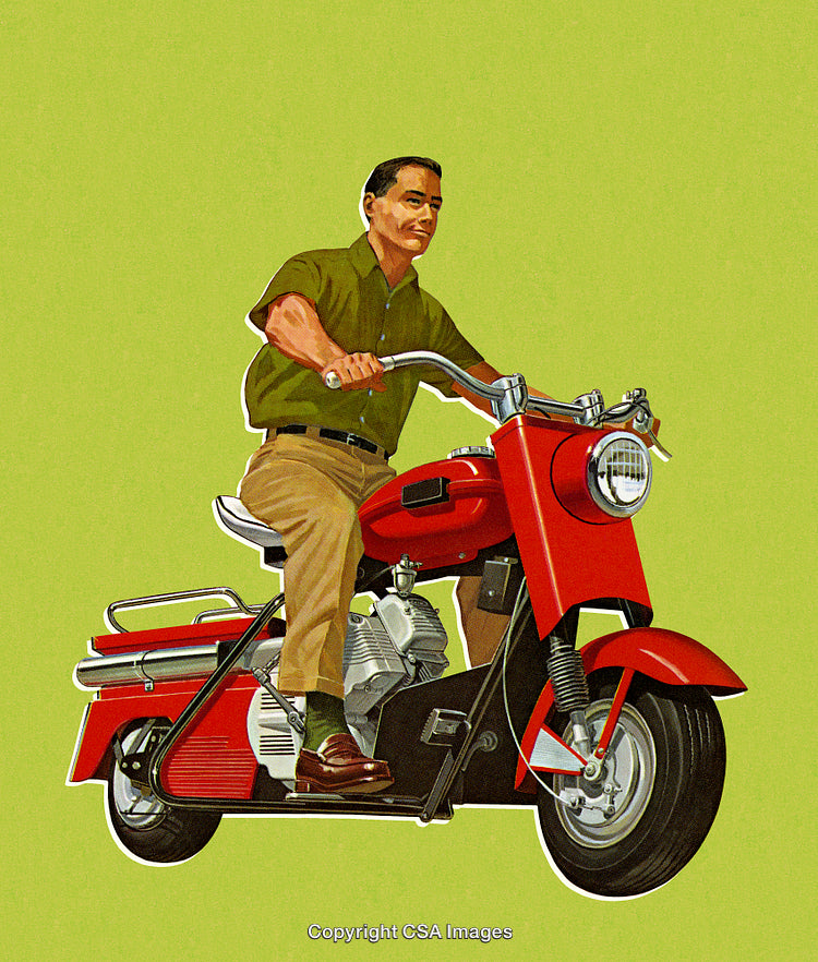 Man Riding a Red Vintage Motorcycle on a Bright Green Background