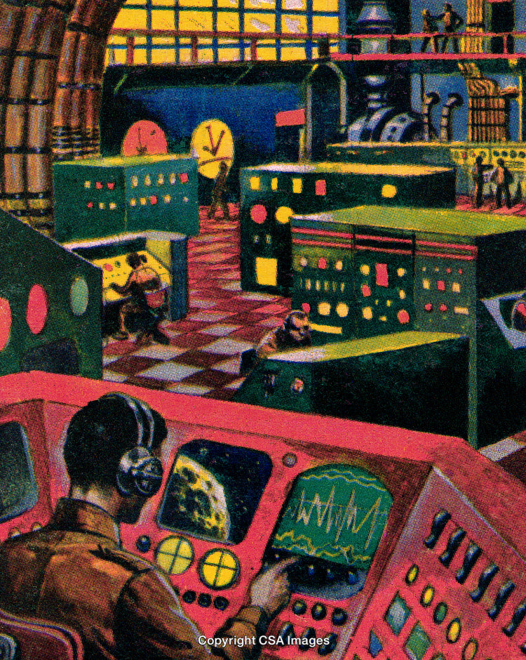 Retrofuturistic Control Center With Advanced Machinery and Monitoring Equipment