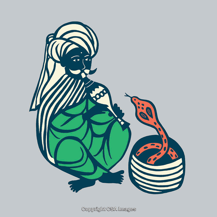 Colorful Artwork of Snake Charmer Playing Flute with a Cobra in Basket