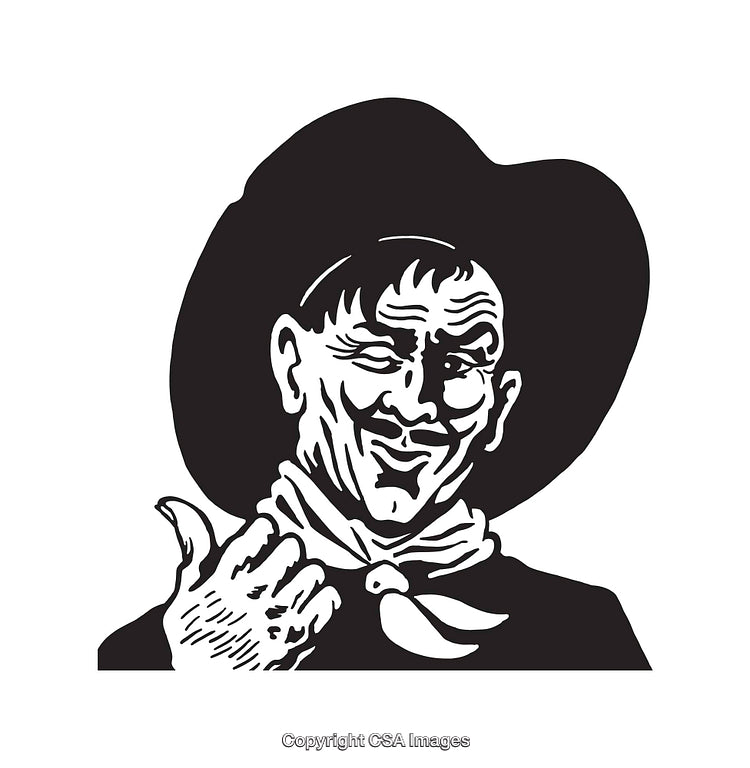 Black and White Line Art Illustration of a Cowboy Giving a Thumbs-Up