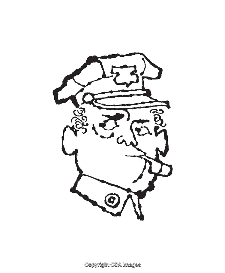 Black And White Line Art Of A Police Officer Smoking A Cigar