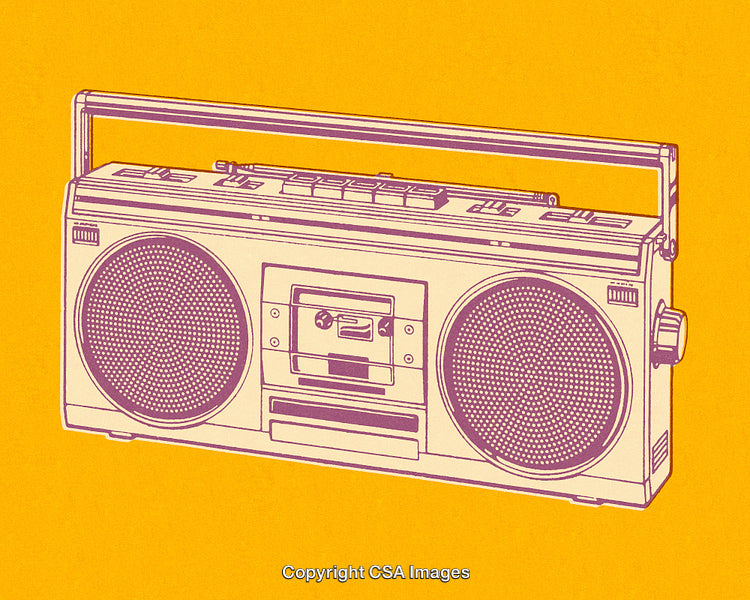 Illustrated Vintage Boombox on Vibrant Yellow Background