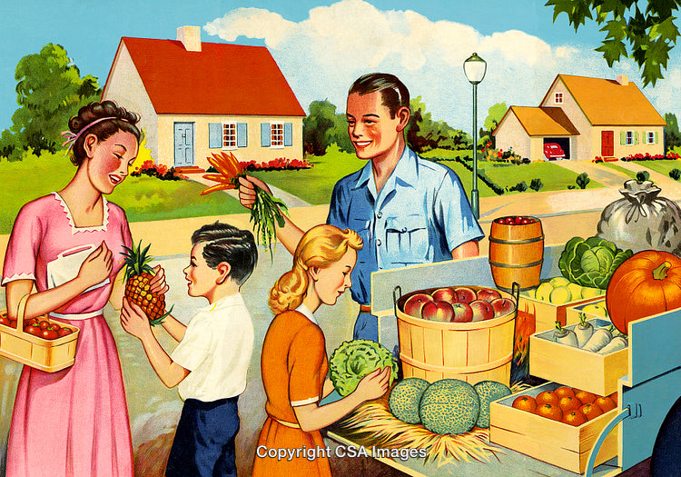 Vintage Illustration of Families Shopping at a Fruit and Vegetable Stand