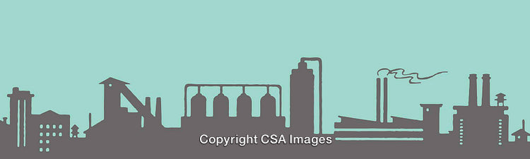 Industrial Skyline Silhouette Illustration Against Solid Blue Background