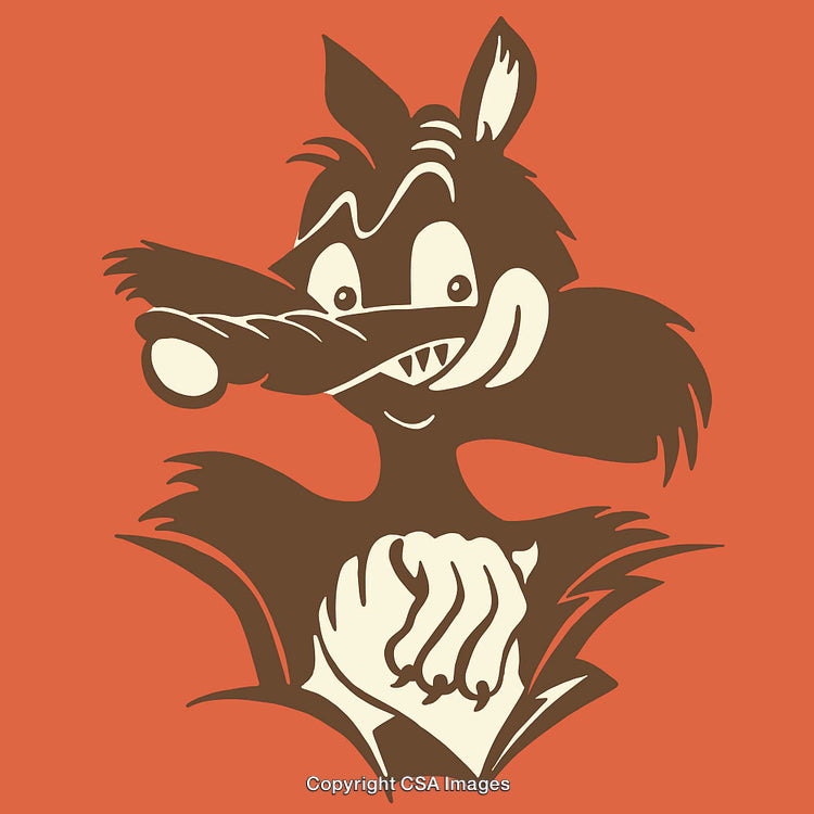 Playful Cartoon Wolf Illustration with Outlined Features and Vibrant Background