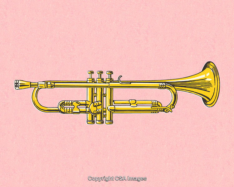 Golden Trumpet Illustration on Pink Background Featuring Brass Details