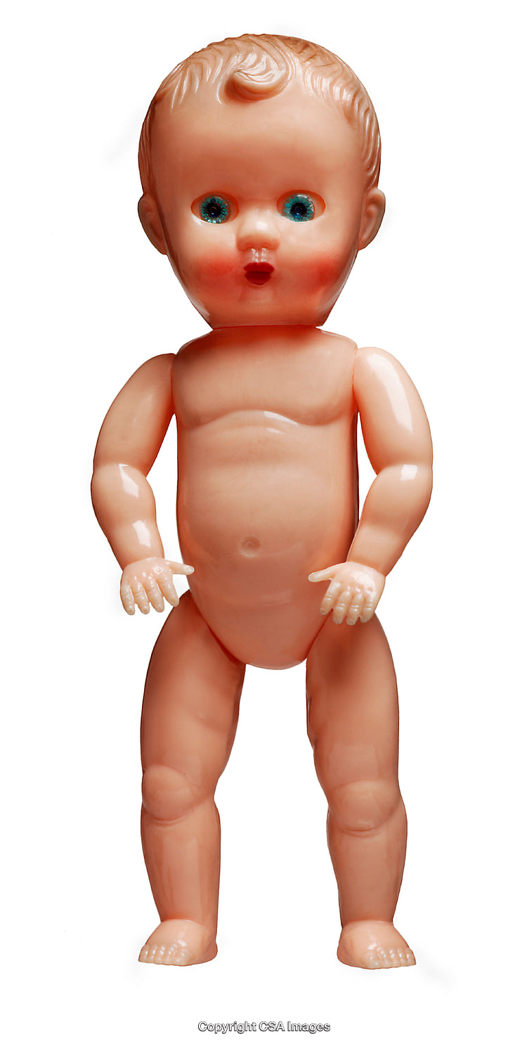 Vintage Plastic Baby Doll with Blue Eyes and Detailed Features