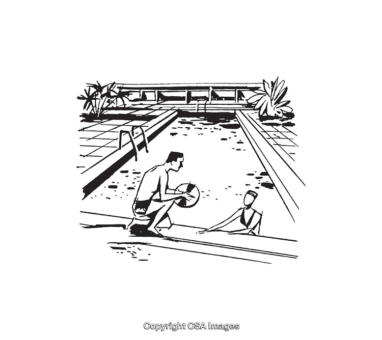Black and White Line Art of a Poolside Interaction Scene