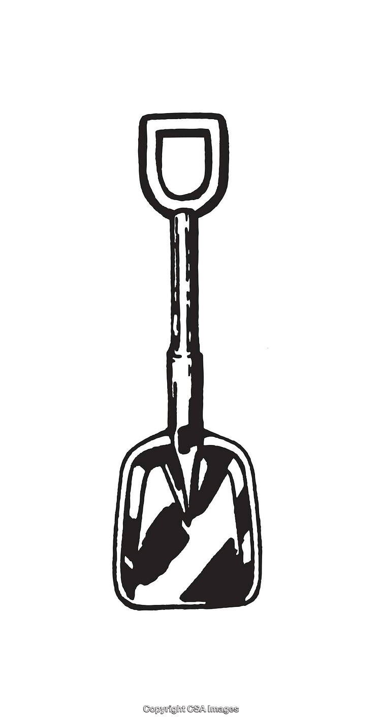 Black and White Detailed Line Art Illustration of a Hand Shovel