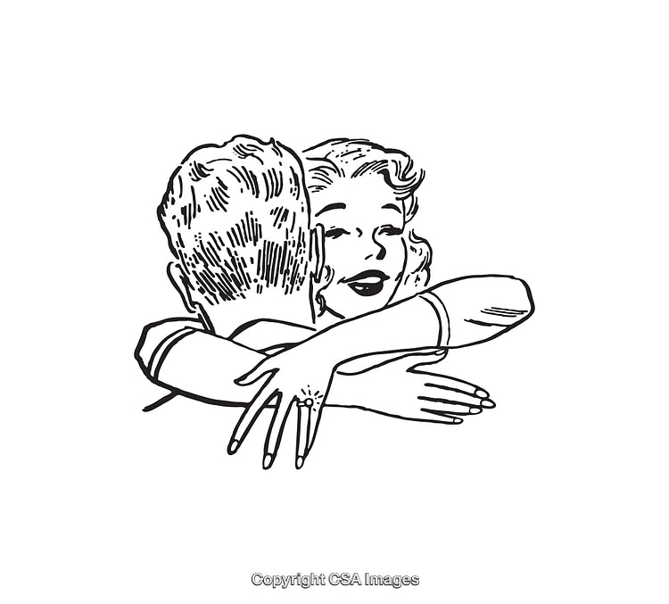 Black and White Line Art of a Couple Embracing Happily