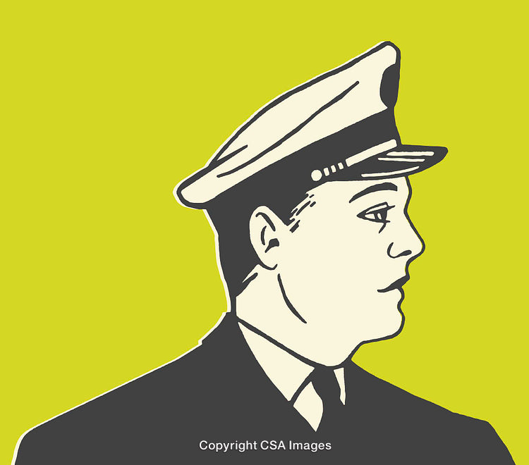 Retro Line Art Illustration of a Man in Uniform on Yellow Background