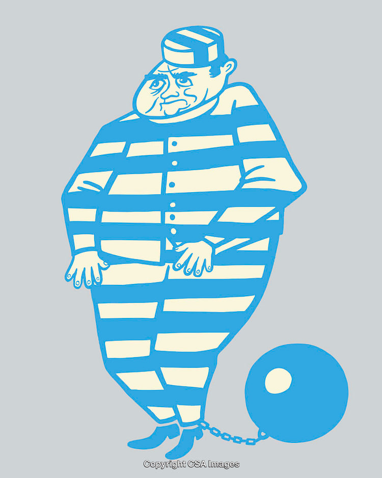 Cartoon Illustration of a Prisoner in Striped Uniform with Ball and Chain