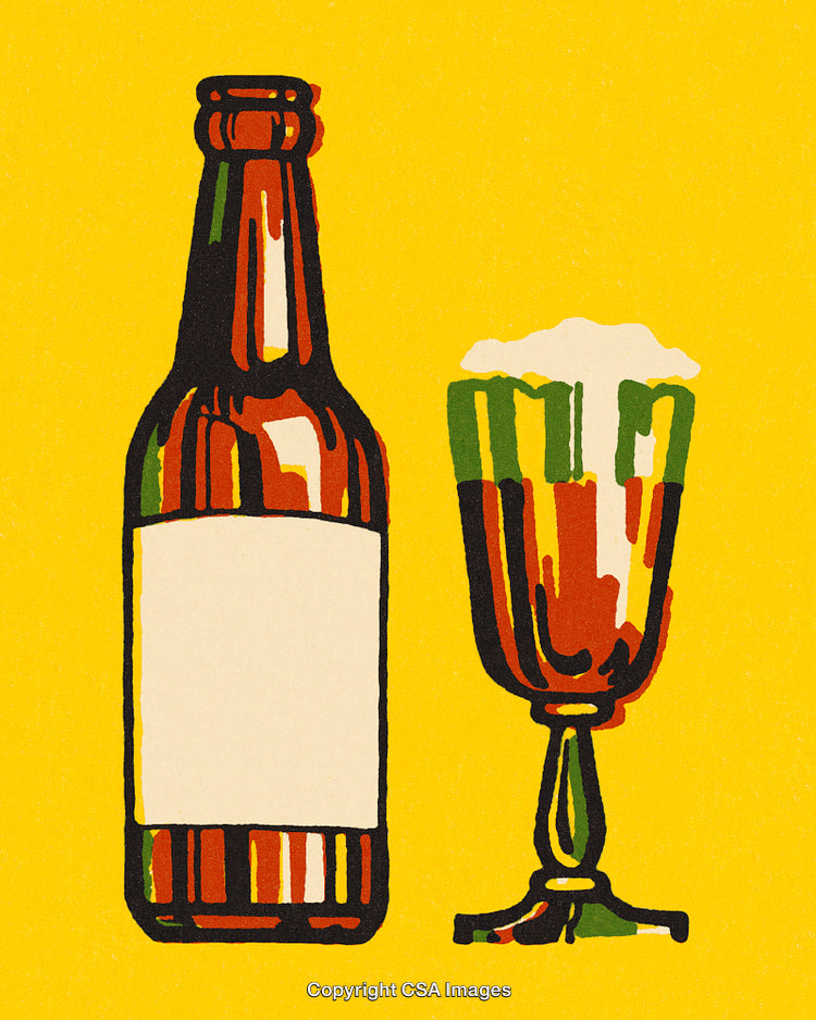 Stylized Illustration of a Bottle and a Glass on a Yellow Background