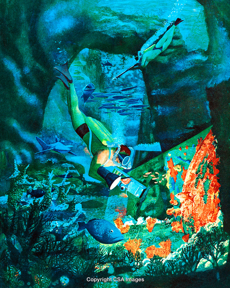 Scuba Diver Exploring Vibrant Coral Reef in Underwater Cavern Scene