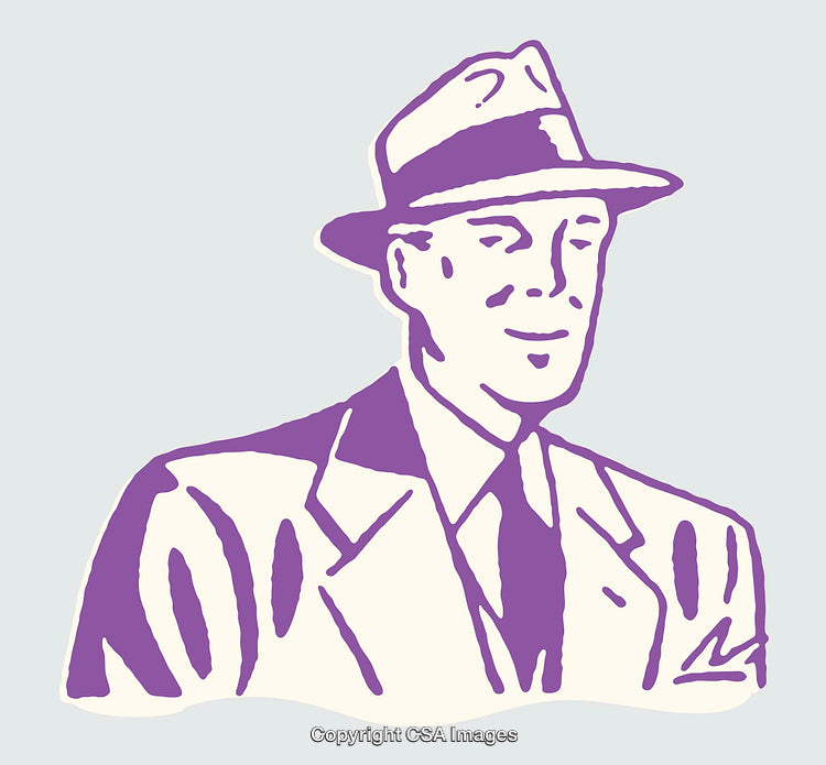 Retro Styled Purple Outline Drawing of a Man in a Hat and Suit