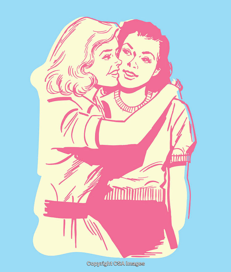 Retro Styled Illustration of Two Women Expressing Friendship and Affection