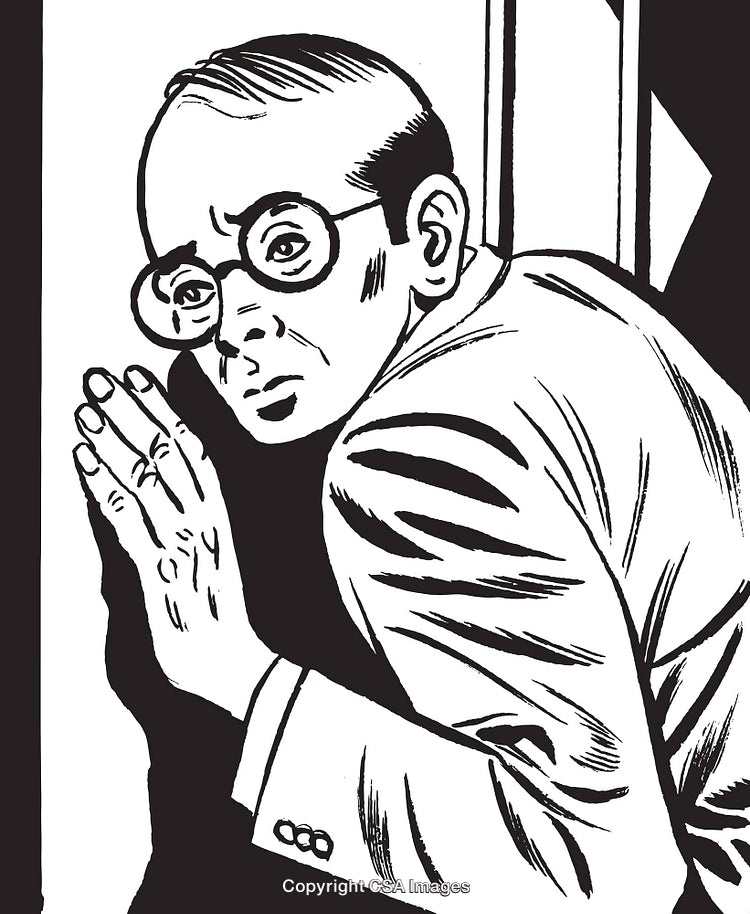 Monochrome Illustration of a Curious Man Listening at a Door