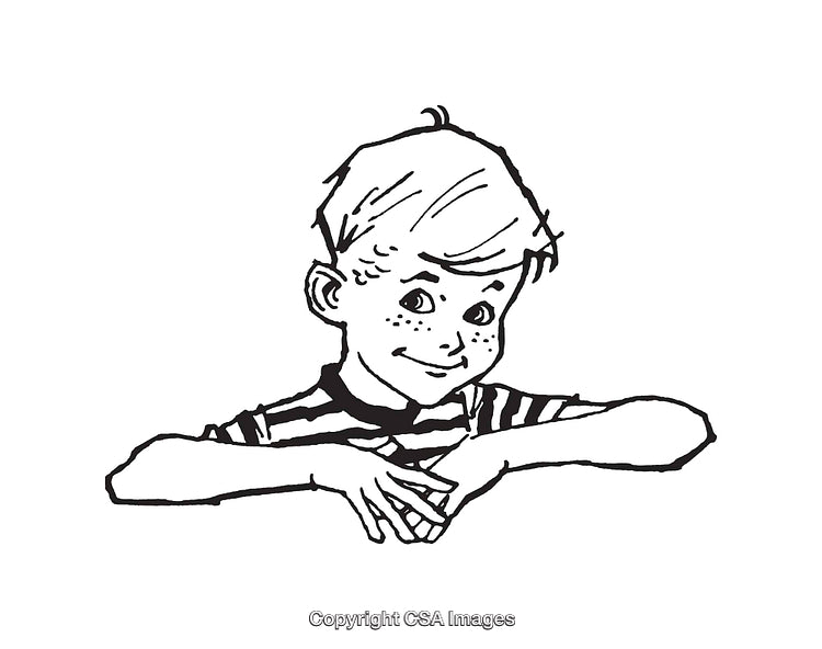 Charming Illustration of a Smiling Young Boy in Black and White Line Art