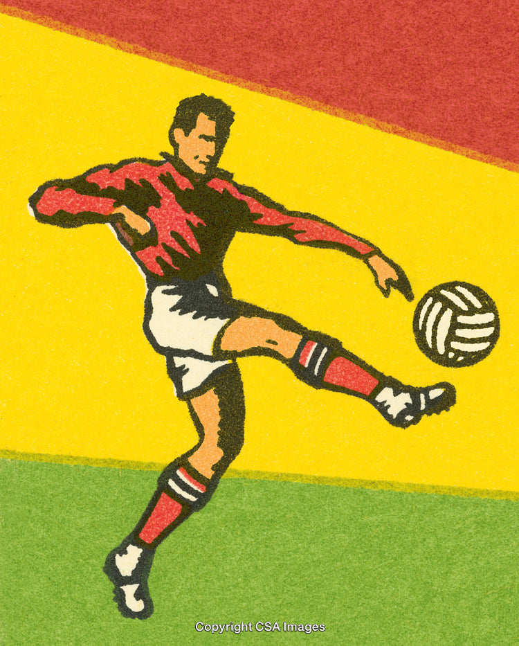 Retro Illustration of Soccer Player Kicking Ball on Yellow Green Background