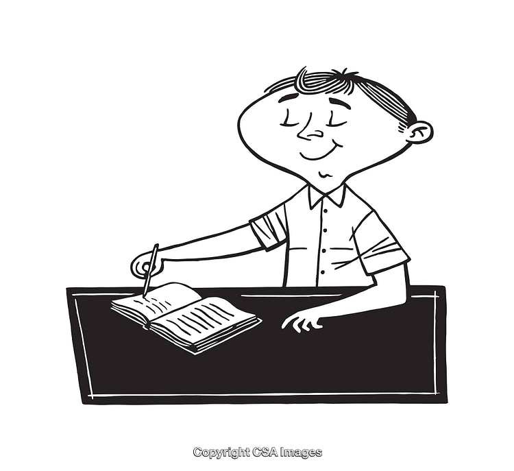 Black And White Illustration of a Smiling Boy Writing in a Notebook