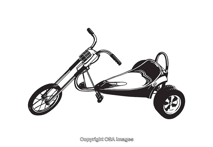 Illustrative Black and White Line Art of a Tricycle and Sidecar