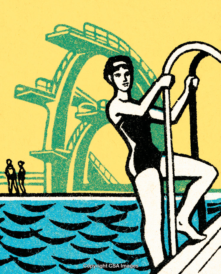 Retro Illustration of Woman by Pool with Vintage Diving Boards