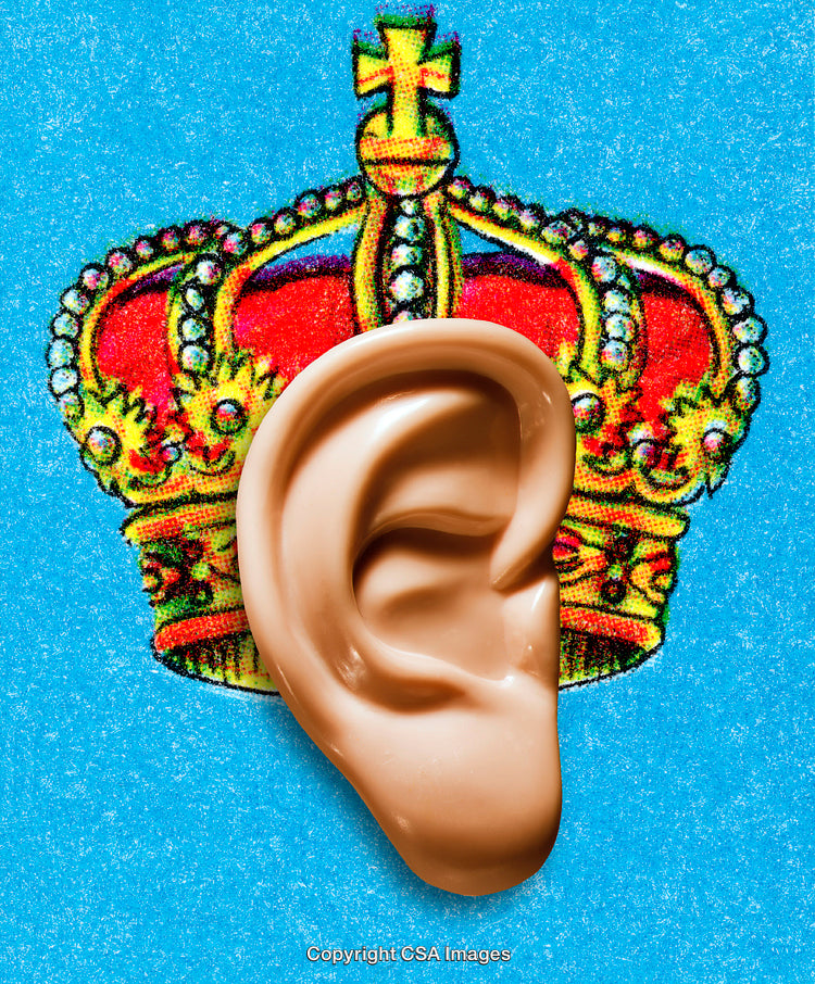 Creative Collage Featuring a Plastic Ear with a Vibrant Crown on Blue Background