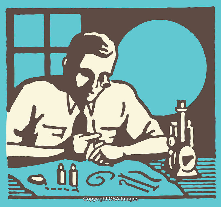 Scientist Observing Samples in a Retro Color Line Art Style