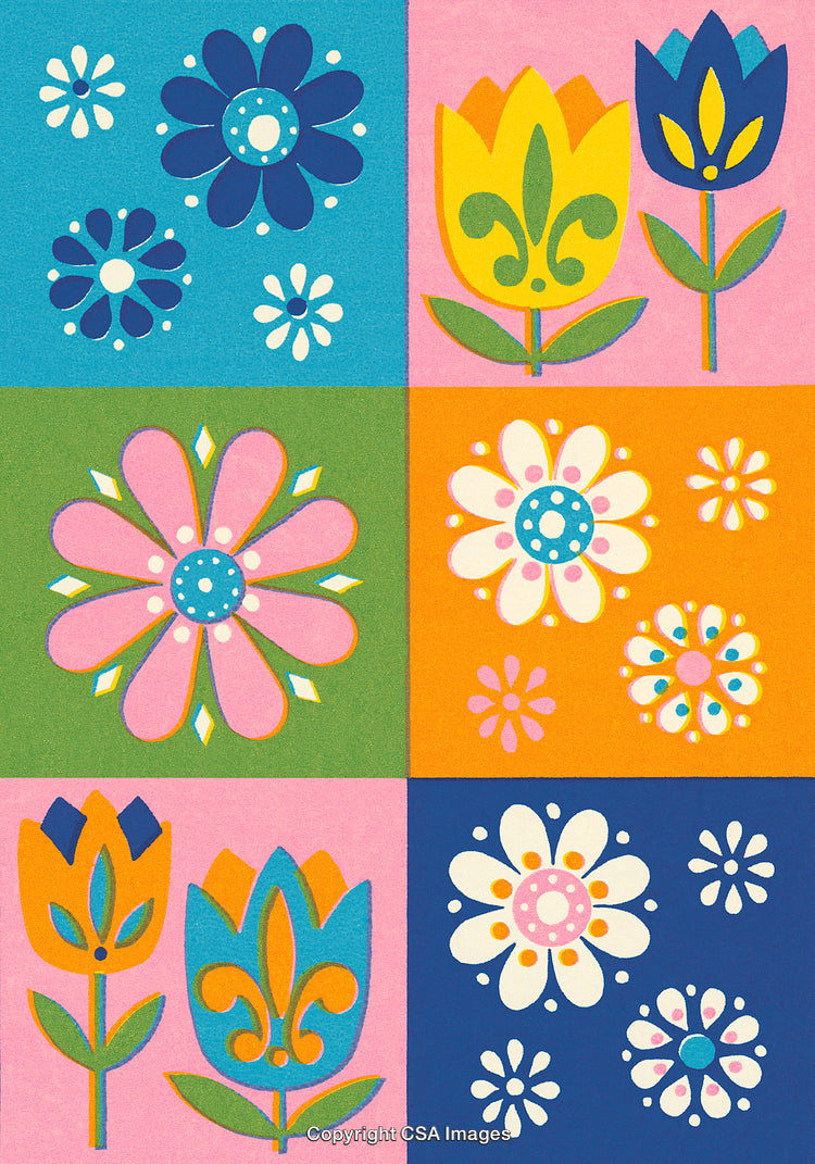 Colorful Pop Art Illustration Featuring Floral Designs and Vibrant Geometric Patterns
