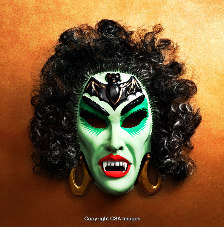 Colorful Halloween Mask with Curly Wig and Bat Motif