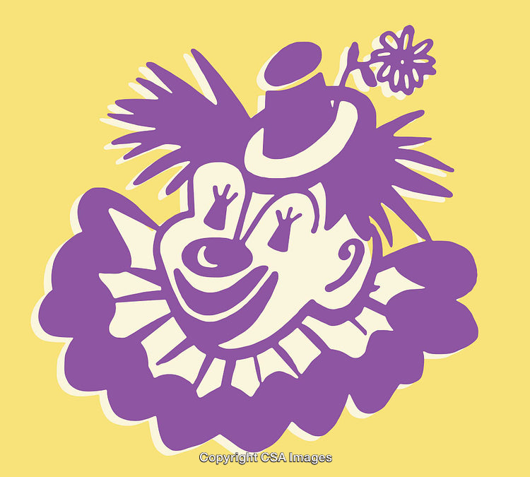 Minimalist Purple Clown Illustration on Yellow Background with Cheerful Design