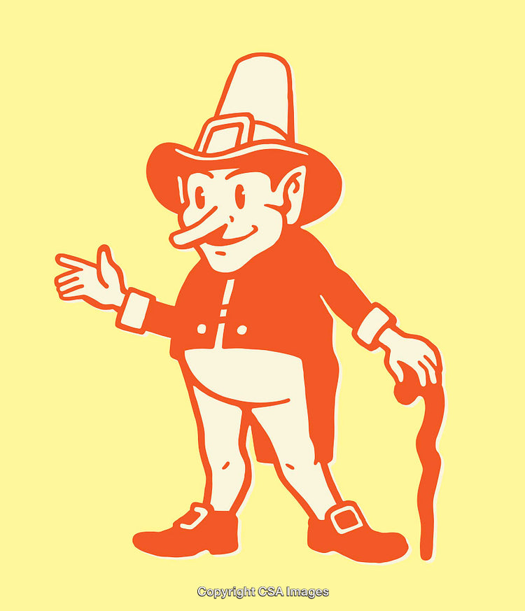 Cheerful Cartoon Pilgrim Holding Staff Wearing Traditional Hat and Attire