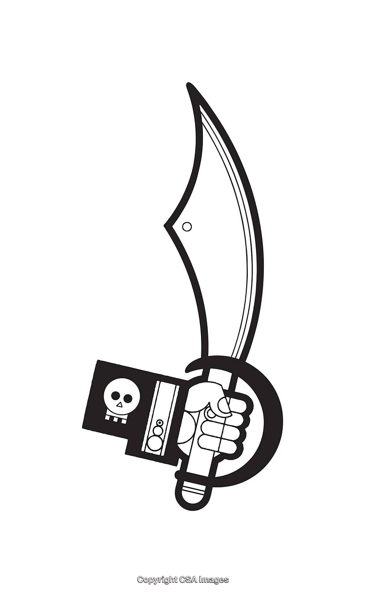 Black And White Illustration of a Hand Holding a Pirate Sword