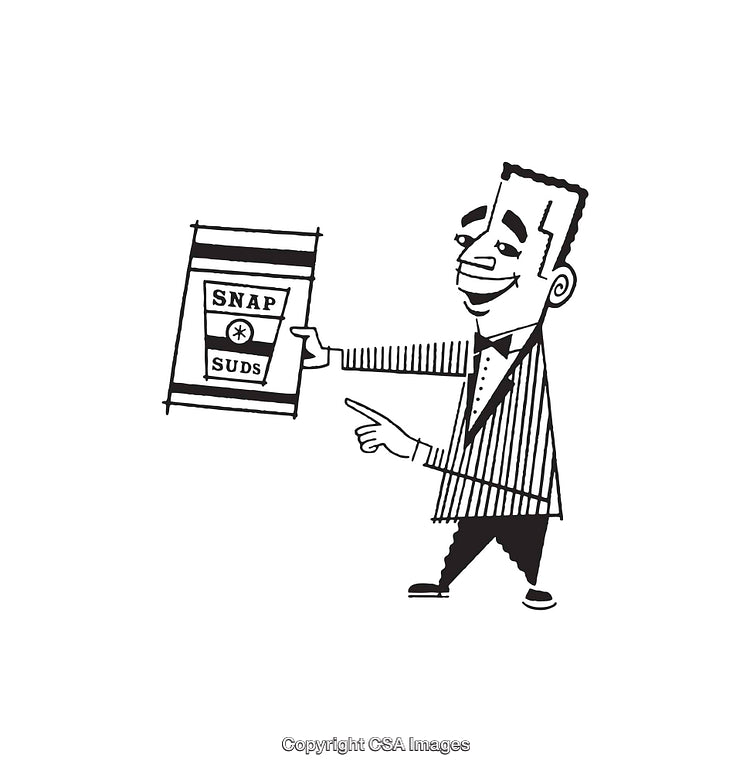 Retro Black and White Illustration of a Man Displaying a Product