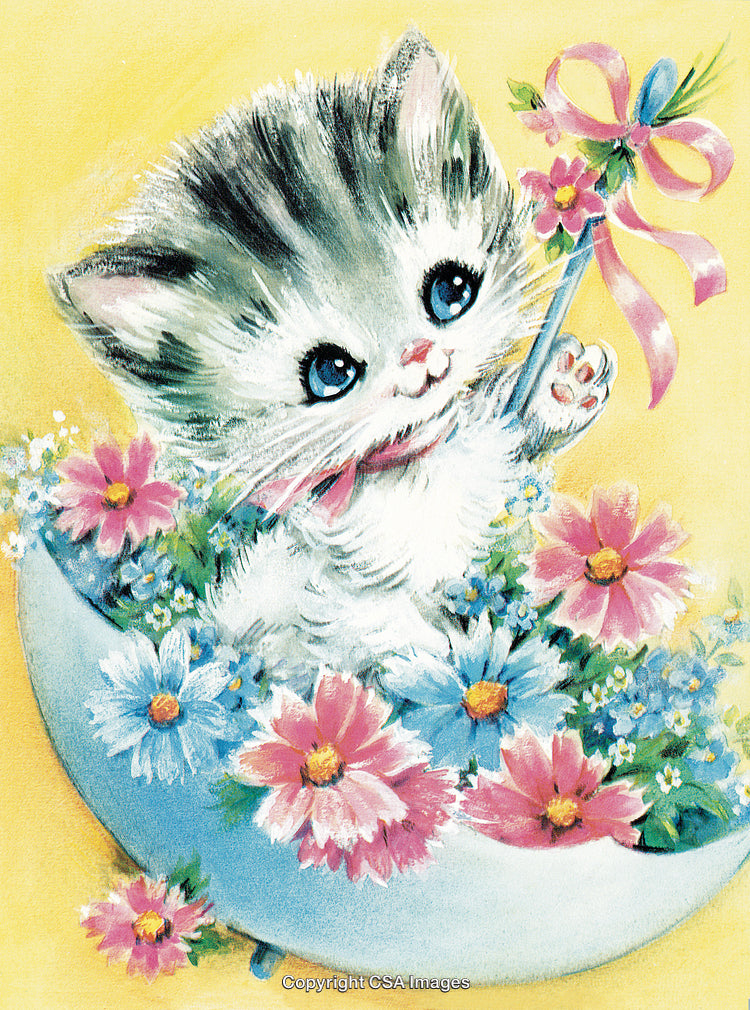 Adorable Kitten Among Flowers in Vintage Style Illustration