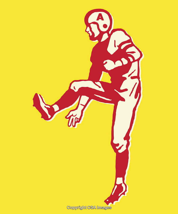 Vintage Football Player Kicking Retro Illustration on Bold Yellow Background