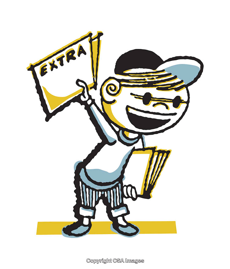 Colorful Vintage Illustration of a Newsboy Holding Newspapers