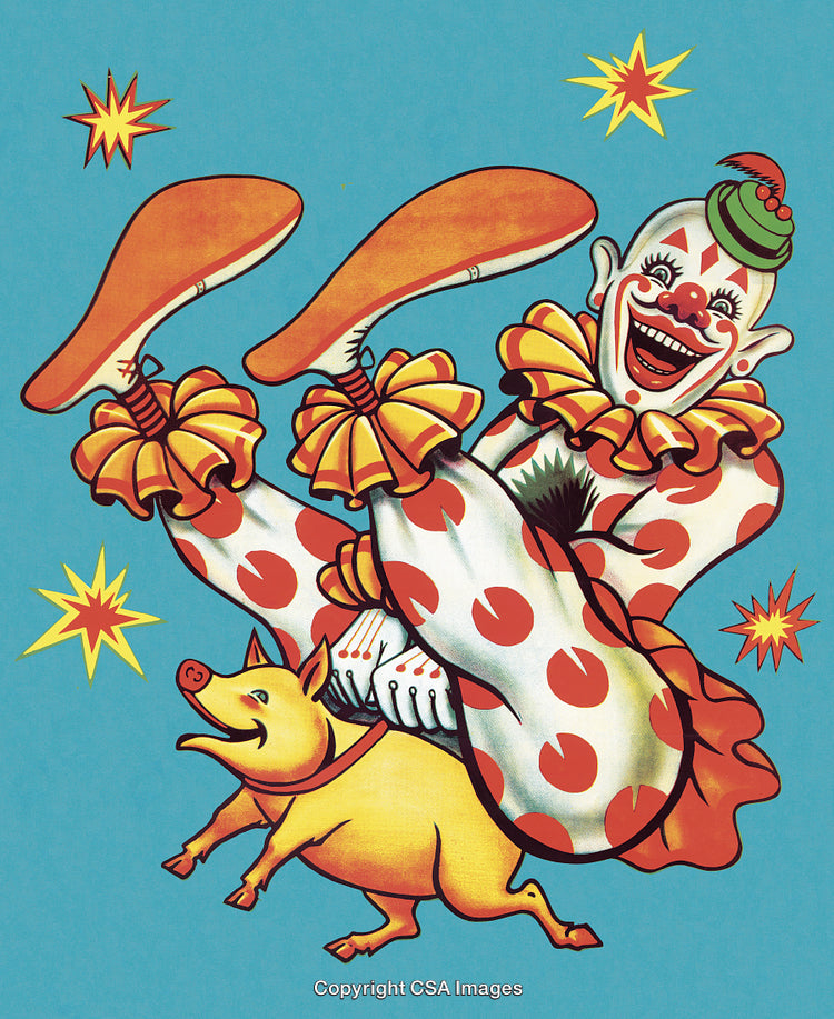 Vibrant Illustration of a Colorful Clown With a Cheerful Pig