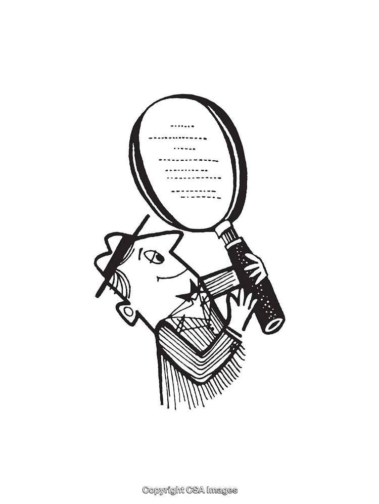 Black and White Illustration of a Person Examining With a Magnifying Glass