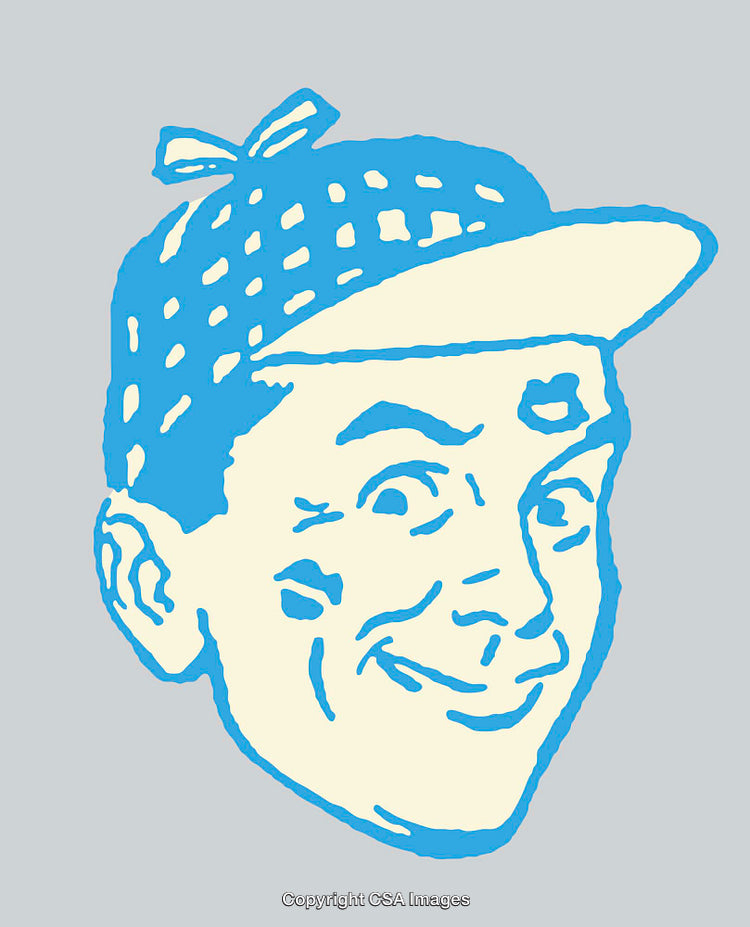 Retro-Style Blue Outline Illustration of a Smiling Cartoon Character Face