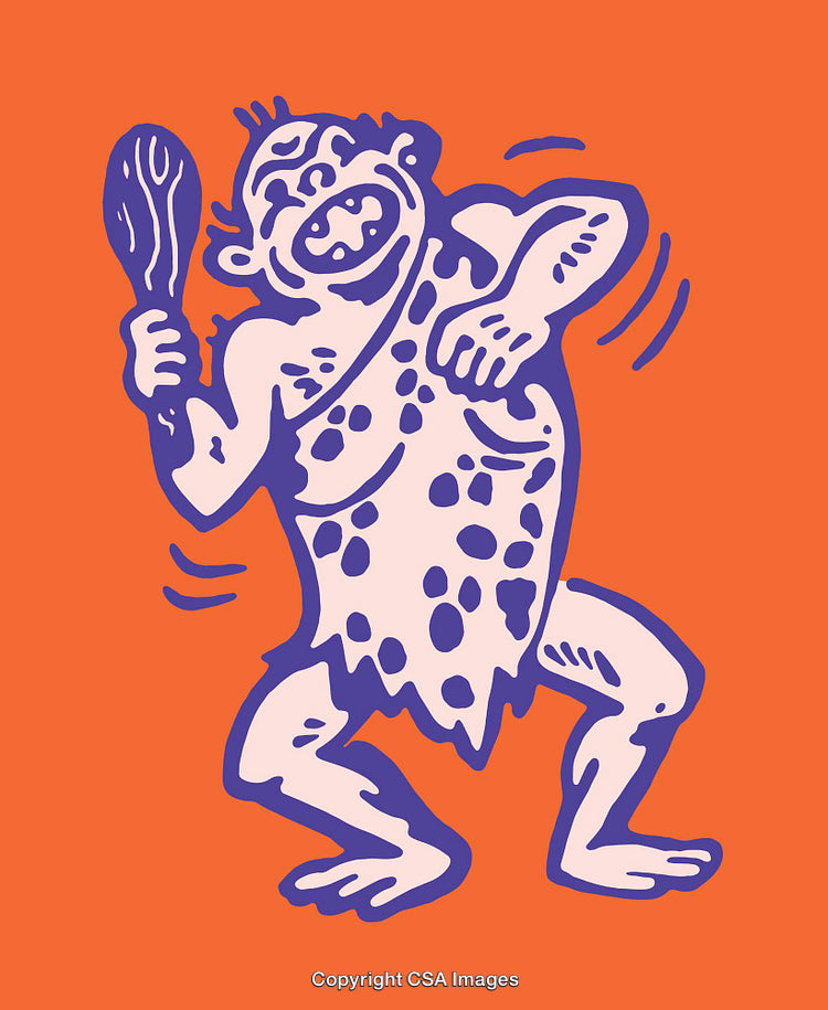 Cheerful Caveman Cartoon Holding Club on Bright Orange Background