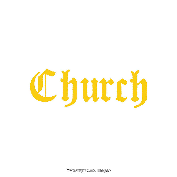 Yellow Gothic Church Font Word Graphic on White Background