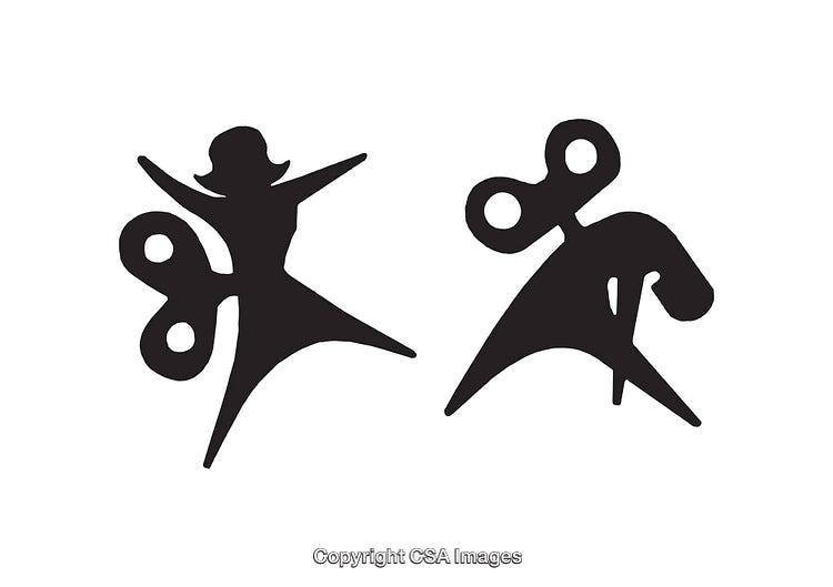 Black and White Silhouette Illustration of Abstract Figures with Wind-Up Keys