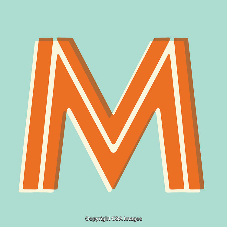Bold Orange Letter M with Retro Styling on Blue Background