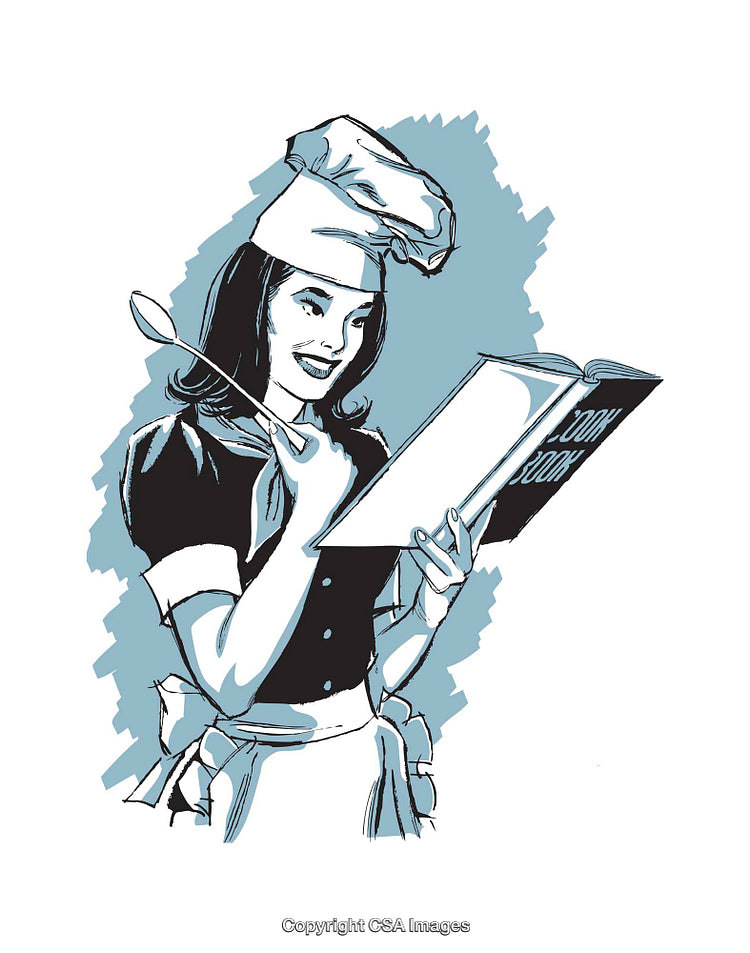 Illustration of a Chef Reading a Cookbook and Preparing to Cook
